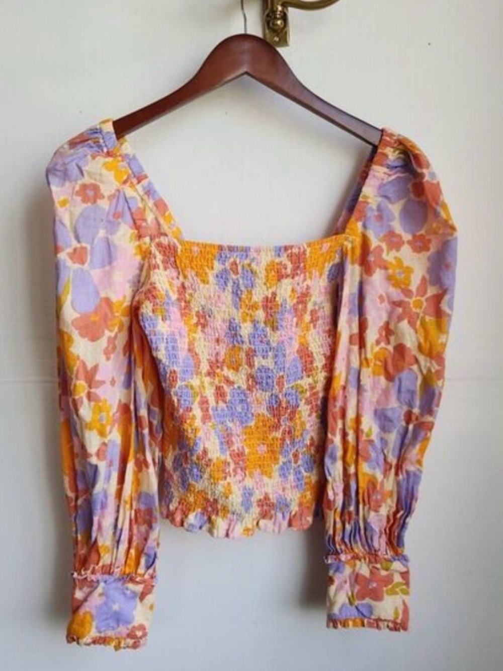 Free People Ariana top cottegecore Multi-Color Floral Smocked Square-Neck Blouse